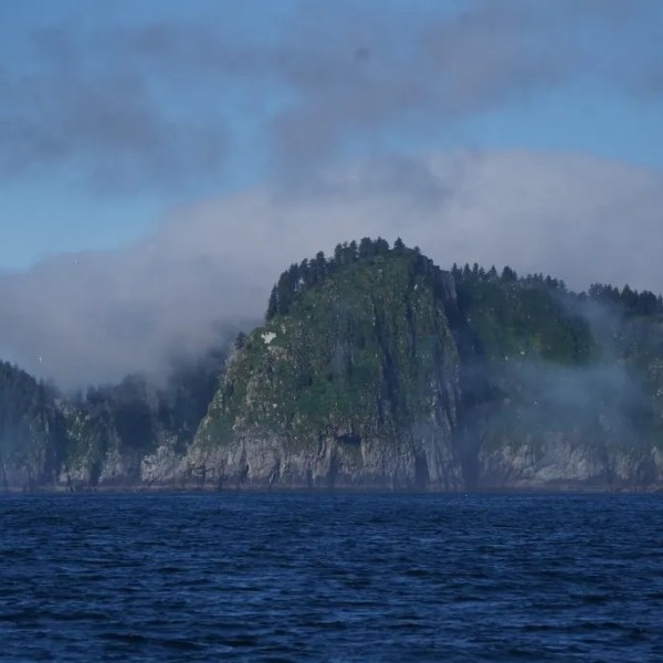 Rocky, forested island surrounded by mist and sea under a blue sky.