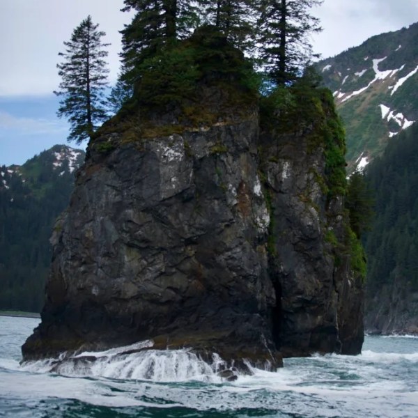 Rocky island with tall trees surrounded by ocean waves and distant mountains.