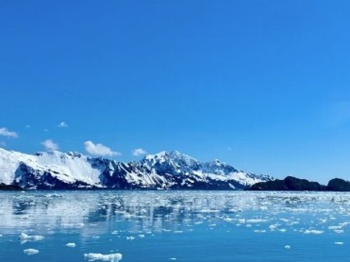 Snowy mountains and floating ice on a calm blue ocean under a clear sky.