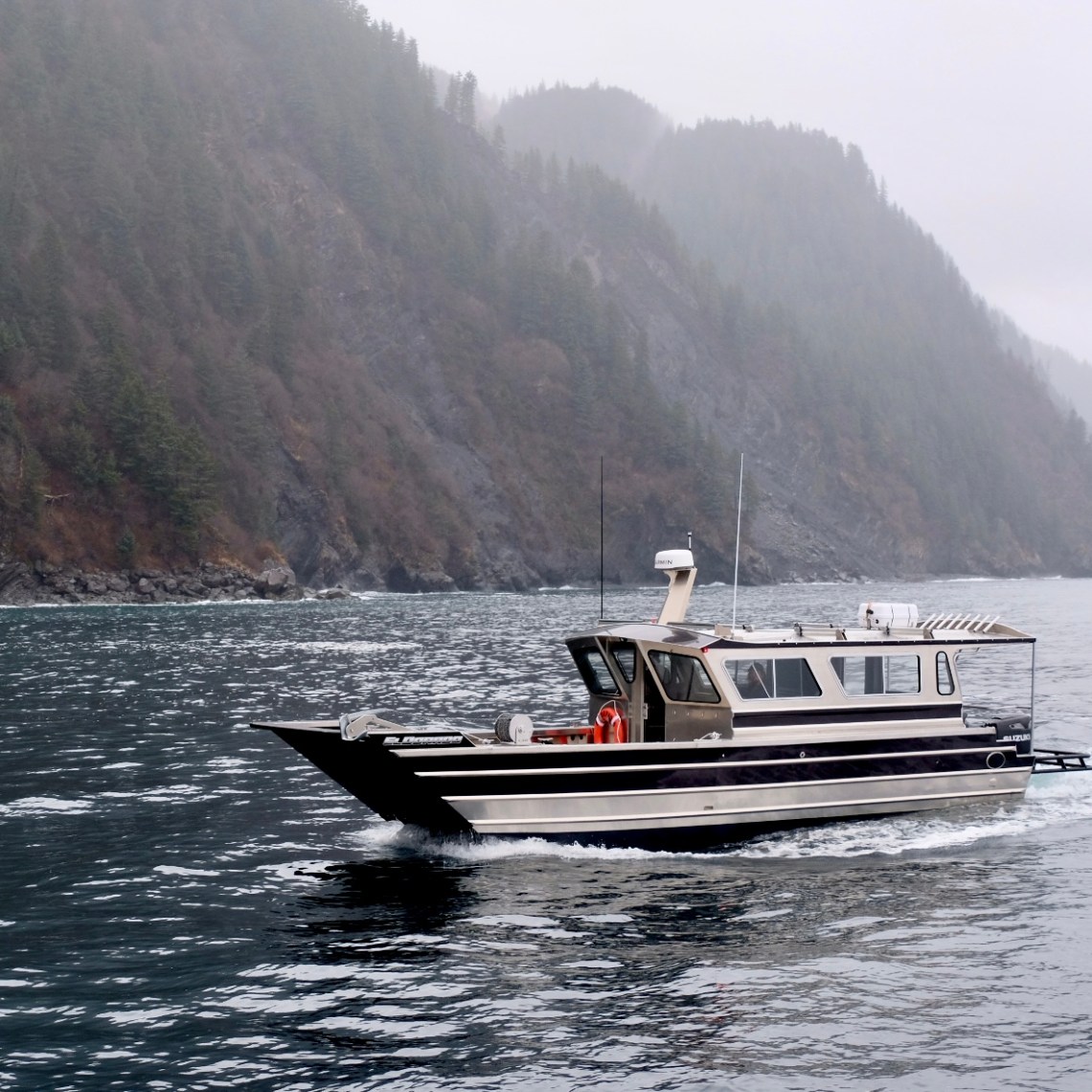 A boat travels on a misty lake surrounded by forested mountains.